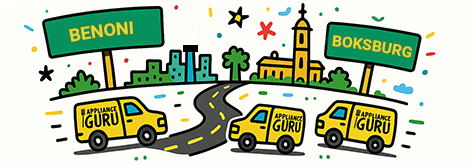Illustration showing Appliance Guru service vans travelling between Benoni and Boksburg landmarks