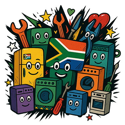 Fun cartoon illustration of happy appliance characters (fridge, washer, oven, dishwasher) and a friendly wrench.