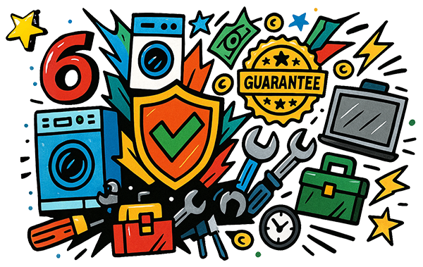 Illustration highlighting Appliance Guru's 6-month guarantee with repair tools, shield, and appliance icons.