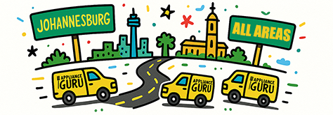 Illustration showing Appliance Guru service vans travelling between Johannesburg landmarks