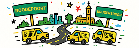 Illustration showing Appliance Guru service vans travelling between Roodepoort and Krugersdorp landmarks